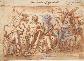 Allegoriset hahmot: Voima, Hercules kuristaa Hydraa, Runsaasti ja Fame, 1600-1650.
