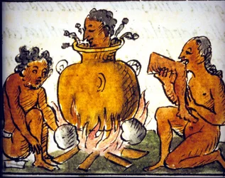 Rituaalinen kannibalismi asteekkien keskuudessa. Bernardino de Sahagúnin käsikirjoitus. 1600-luku. Yksityiskohta teoksesta COS00778.