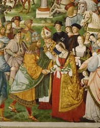 Aeneas Silvius Piccolomini, Sienan silloinen piispa, esittelee keisari Friedrich III:lle tämän morsiamen, Portugalin Eleanorin (fresko).