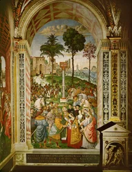 Aeneas Silvius Piccolomini, Sienan silloinen piispa, esittelee keisari Friedrich III:lle tämän morsiamen, Portugalin Eleanorin (fresko).