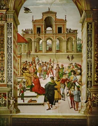 Keisari Fredrik III kruunaa Aeneas Silvius Piccolomini Poeta Laureatusin (fresko).