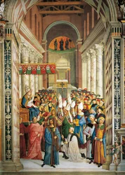 Italia, Siena, katedraali, Piccolomini-kirjasto, Paavi Pius II:n kruunaus, yksityiskohta Pius II:n tarinoista