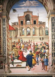 Italia, Siena, katedraali, Piccolominin kirjasto, Enea Silvio Piccolominista keisari Fredrik III tekee runoilijapalkinnon, yksityiskohta Pius II:n tarinoista