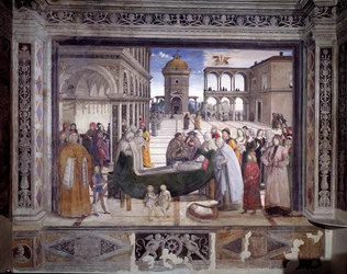 Tarina pyhä Bernardinista, pyhimyksen kuolemasta (Fresko, n. 1486)