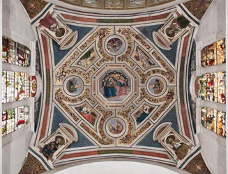 ”Neitsyen kruunaus”, ”Neljä evankelistaa”, ”Sibyllat” ja ”Kirkonopettajat”. Kuorin holvi, 1508-1510. Santa Maria del Popolon basilika (Santa Maria del Popolon kirkko)