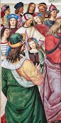Piccolomini-kirjasto, koillisseinä: "Aeneas Sylvius pitää puheen Skotlannin kuninkaalle James I:lle, talvi 1435"