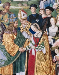 Piccolomini-kirjasto, kaakkoiseinä: "Aeneas Sylvius esittelee Aragonan Eleonoran Frederick III:lle 24. helmikuuta
