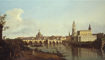 Näkymä Dresdenistä Elbe-joen oikealta rannalta Augustusbrucken yläpuolelta (öljy kankaalle) (Oulu kankaalle)