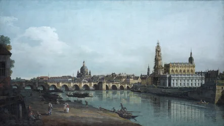 Dresden nähtynä Elben oikealta rannalta, Augusts-sillan alta, 1748