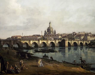 Näkymä Dresdeniin Elben oikealta rannalta Augustuksen sillan yläjuoksun puolelta, n. 1750