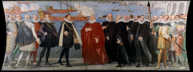 Doge Giacomo Durazzo Grimaldi vastaanottaa itävaltalaisen Juanin Genesin satamassa (Fresko