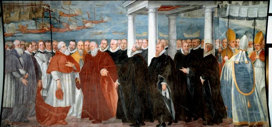 geenien dogi Giacomo Durazzo Grimaldi (noin 1503-1579) toivottaa kardinaali Giovanni Moronen tervetulleeksi Genes Frescon satamaan Bernardo Castello (1557-1629) 1500-luvun Genes, Museo di Sant 