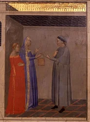 Predella-paneeli, joka esittää kohtauksen pyhän vyön legendasta (yksityiskohta) (tempera paneelissa)