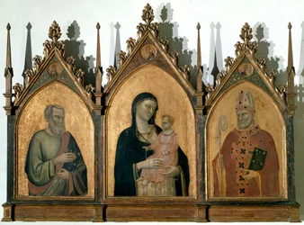 Kaikkien pyhien triptyykki tai Madonna lapsen kanssa evankelista Matteus ja Barilaisen Pyhän Nikolauksen välillä - Tempera paneelissa