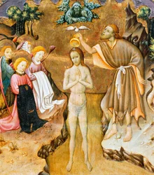 Kristuksen kaste, yksityiskohta Vicin katedraalin alttaritaulun predellasta, Bernat Martorell (n. 1400-1452), maalattu puulle. Katalonian goottilainen taide.