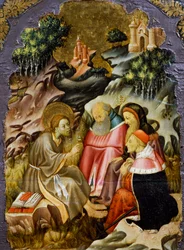 Johannes Kastajan saarna, yksityiskohta Vicin katedraalin alttaritaulun predellasta, Bernat Martorell (n. 1400-1452), maalattu puulle. Katalonian goottilainen taide.