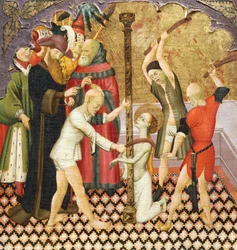 Bernat Martorellin (n. 1400-1452) puulle maalattu St Eulalian lippu, yksityiskohta Vicin katedraalin alttaritaulun predellasta. Katalonian goottilainen taide.