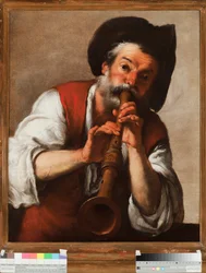 Il pifferaio (huilusoittaja) (Piilisoittaja) Bernardo Strozzin (1581-1644) maalaus 1600-luvulta Genes, Musei di Strada Nuova (ex Palazzo Rosso)