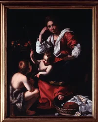 Pyhän perheen esitys Pyhän Johannes Kastajan lapsen kanssa (Pyhä perhe Pyhän Johannes Kastajan kanssa) Bernardo Strozzin (1581-1644) maalaus Genes, Musei di Strada Nuova (ex Palazzo Rosso) Italia