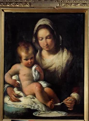 Neitsytellä on lusikka. Bernardo Strozzin (1581-1644) maalaus