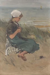 Tyttö Knitting in the Dunes