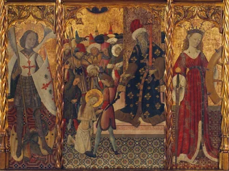 Pyhä Mikael ja pyhä Katariina, kehystävät Barcelonan pyhän Eulalian marttyyrikuolemaa (289-304) - Bernat Martorellin (1390-1452) maalaus, tempera puulle (143,5x188 cm), noin 1442-1445 - Pyhä Mikael, Pyhän marttyyrikuolema Eulalia ja Pyhä Katariina, Tem