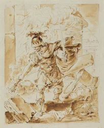 Alexander Setting Fire to Persepolis (kynä ja ruskea muste, ruskeaa pesua grafiitin päällä, liimapaperilla).