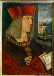 Keisari Maximilian I:n (1459-1519) muotokuva Bernard Strigelin (1460-1528) maalaus 1400-luvulta. Koko 0,38 x 0,28 m