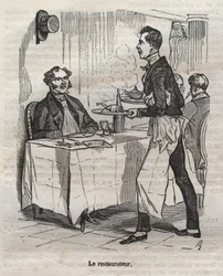 Restauraattori - kaiverrus Jean Anthelme Brillat Savarinin (Brillat-Savarin) kirjaan "La Physiologie du gout"
