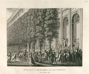 Camille Desmoulinsin Palais Royalissa 12. heinäkuuta 1789 tekemä esitys.