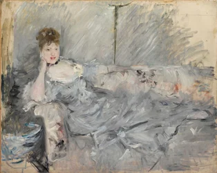 Harmaisiin pukeutunut lepäävä nainen, 1879