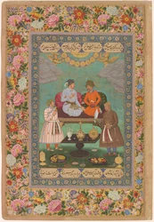 Jahangir viihdyttää Shah Abbasia Pietarin albumista, noin 1620 (akvarelli, kulta, muste paperille).