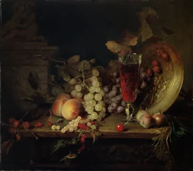 Asetelma hedelmien kanssa, Lasillinen viiniä, 1863