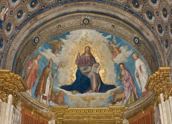Apse, Catino Apse, Boccaccio Boccaccino, Pantokraattori pyhien joukossa Marcellino, Imerio, Omobono, Peter Exorcist
