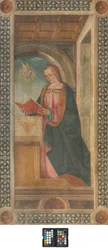 Contofacade-eteläinen poikkiristikko, Boccaccio Boccaccino, Madonnan julistusyksityiskohta - XVI vuosisadan alku, fresko repeytynyt