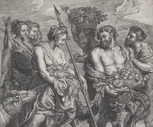 Diana palaa takaa-ajoa koirien ja nymfiensä seurassa vasemmalla, kaksi istui..., n. 1640-59.