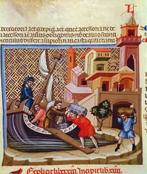 Tavaroiden lastaus laivaan käsikirjoituksesta "Justinian Institutiones Feodorum et Alia", n. 1300 (vellum)