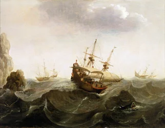 Itä-Intiaan matkalla oleva hollantilainen kauppa-alus päästää ohi kaksi silakanpyyntialusta. Öljyvärimaalaus, 1600-luvun puoliväli, tekijä Bonaventura Peeters (1614-1652).