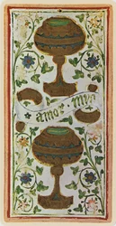 Kakkonen Kuppeja, faksimile tarotkortista Visconti-pakasta, 1441-47.
