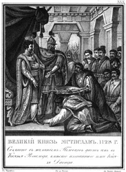 Mstislav I nimitti Rogvolodin Polotskin ruhtinaaksi. 1128 Kuvitetusta Karamzinista, 1836