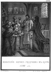 Boris Godunovin valinta tsaariksi. 1598 Kuvitetusta Karamzinista, 1836