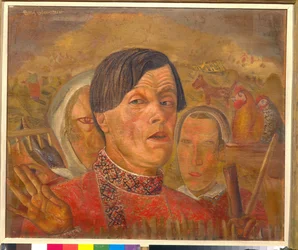 Omakuva kukon ja kanan kanssa, noin 1924 - 60,4 x 73,5 cm - Yksityiskokoelma