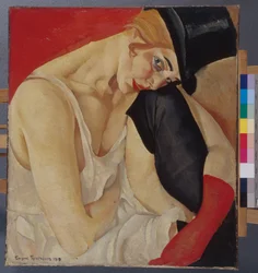 Nainen silinterissä - Boris Dmitrievich Grigorjevin (1886-1939) maalaus, öljy kankaalle (71x62,5 cm)