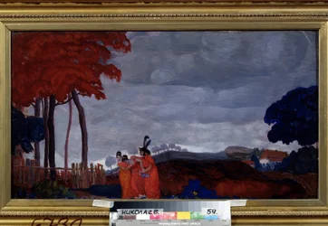 ""Nuoren tytön kipu"" Kaksi punaiseen pukeutunutta naista ympäröi kolmatta, surun heikentämää. Boris Grigorjevin (1886-1939) maalaus 1912 Alueellinen W. Wereshchaginin taidemuseo, Mykolaiv