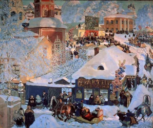 Talvi, Mardi Gras (talvi, Schrovetide). Perinteisiä juhlia maakuntakaupungin lumisilla kaduilla. Kaupungin rakennusten kuvauksen lisäksi ilmapalloklusterit, karuselli, tavernoiden julkisivut ja reet, joita vetää