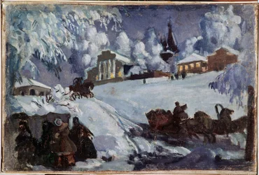 Talvi, kelkat (talvi. Rekiajelu). Boris Michaylovich Kustodiev (Koustodiev) (1878-1927) maalaus, öljy kankaalle, noin 1920. Venäläinen taide, 1900-luvun alku. Yksityinen kokoelma.
