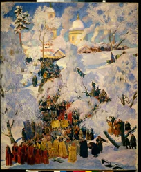 Suuri vesien siunaus teofaniajuhlana. Venäjän ortodoksisen kirkon perinteinen kohtaus, pyhän viikon liturginen kulkue, kastevesien juhliminen lumisessa maisemassa. Boris Michaylovich Kustodin maalaus