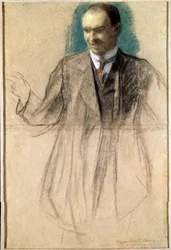 Taiteilija Kouzma Petrov-Vodkine (Petrov Vodkine) (1878-1939) muotokuva. (Taiteilija Kusma Petrov Vodkinin muotokuva). Boris Michaylovich Kustodiev (Koustodiev) (1878-1927) teos, pastelli, sur kartonki