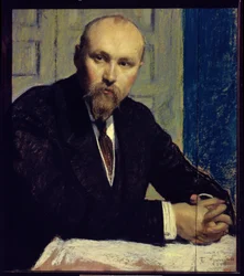 Taiteilija Nicolas Roerichin (1874-1947) muotokuva (Taiteilija N. Roerichin muotokuva). Boris Michaylovich Kustodiev (Koustodiev) (1878-1927) teoksia, pastelli pahville