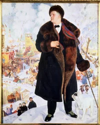 Laulaja Feodorin muotokuva (Fiodor, Fedor) I. Chaliapin (Chaliapin) (1873-1938) (Laulaja F.I.Shalyapinin muotokuva). Laulaja seisoo ylpeänä turkissa ja hatussa häntä tuijottavan bulldogin seurassa.